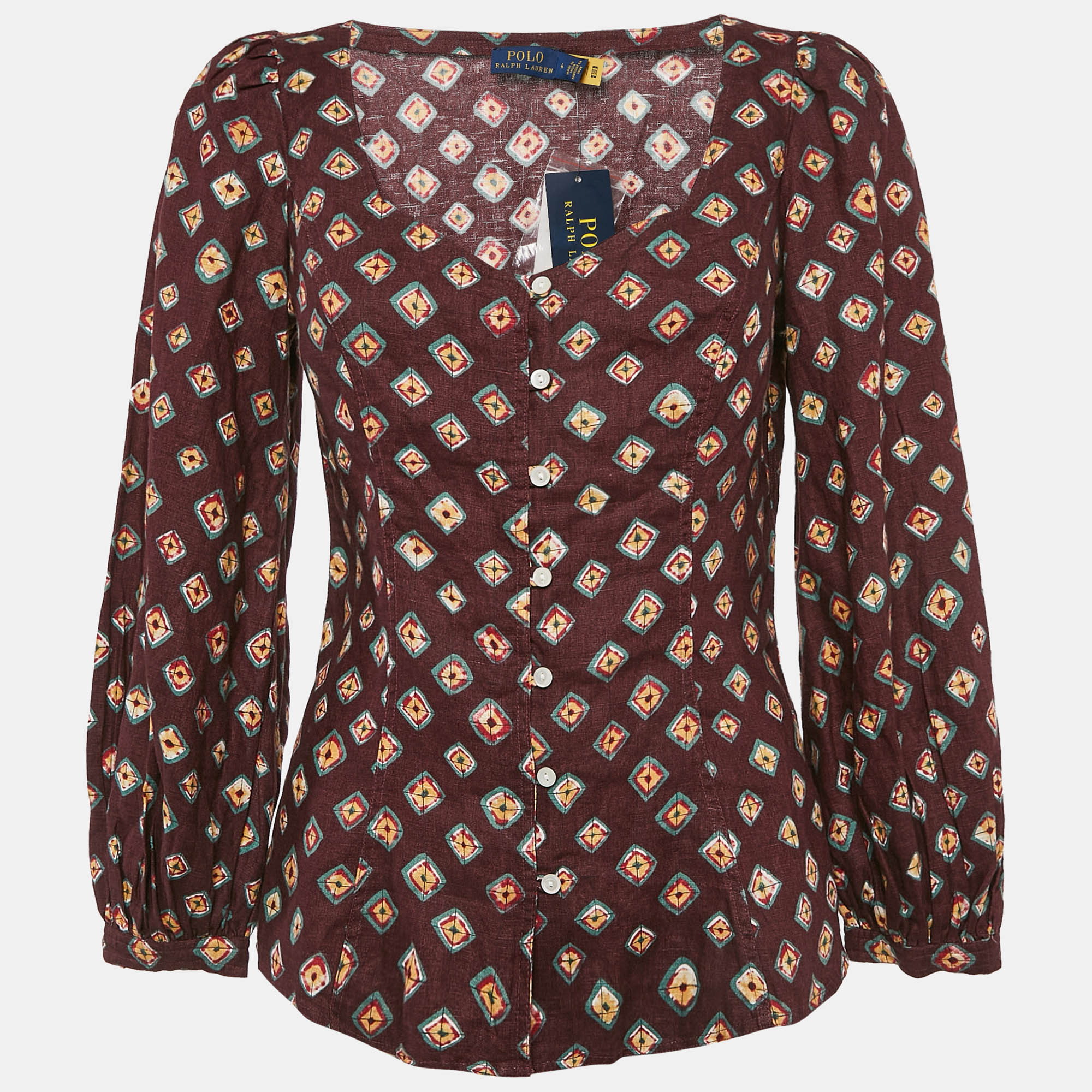Polo Ralph Lauren Burgundy Printed Linen Blouse S, Shirts & Tops - Luxury Closet