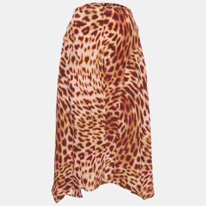 Stella McCartney Pink/Brown Leopard Print Silk Flared Midi Skirt XS, Skirts - Luxury Closet