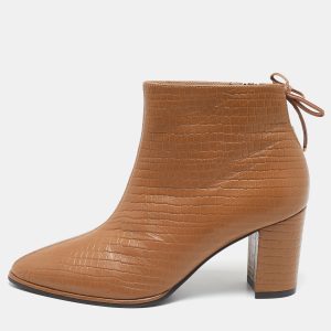 Stuart Weitzman Brown Croc Embossed Leather Ankle Length Boots Size 37.5, Boots - Luxury Closet