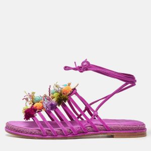 Stuart Weitzman Pink Suede Embellished Lace Up Slide Flats Size 36, Sandals - Luxury Closet