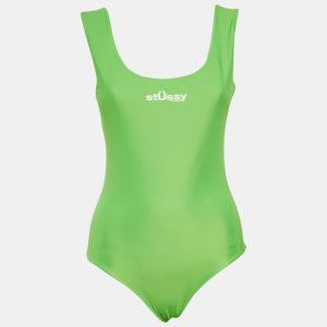 Stussy Neon Green Logo Print Nylon Jersey Swimsuit S, Clothing - Luxury Closet