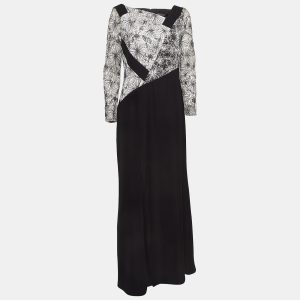 Tadashi Shoji Black/White Floral Embroidered Tulle and Crepe Maxi Dress L, Dresses - Luxury Closet