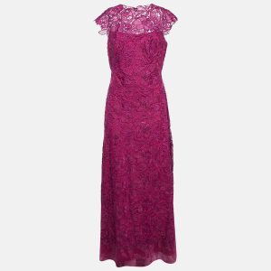 Tadashi Shoji Burgundy Floral Lace Maxi Dress M, Dresses - Luxury Closet