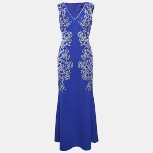 Tadashi Shoji Blue Floral Embroidery Textured Crepe Sleeveless Gown S, Dresses - Luxury Closet