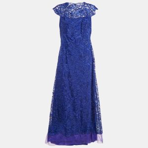 Tadashi Shoji Blue Floral Lace Cap Sleeve Milien Gown L, Dresses - Luxury Closet