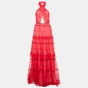Tadashi Shoji Red Sequin Tulle Halter Neck Tiered Gown M, Dresses - Luxury Closet