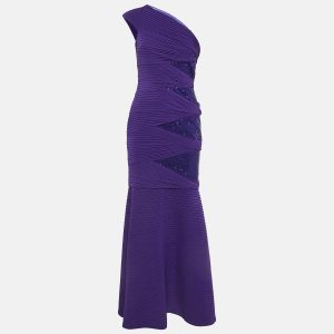 Tadashi Shoji Purple Pintuck Jersey Sequin Detail One Shoulder Gown XL, Dresses - Luxury Closet