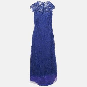 Tadashi Shoji Blue Floral Lace Cap Sleeve Milien Gown L, Dresses - Luxury Closet