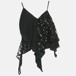 The Attico Black Sequin and Lace Thelma Crop Top M, Shirts & Tops - Luxury Closet