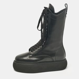 The Attico Black Leather Lace Up Mid Calf Boots Size Size 37, Boots - Luxury Closet catalog