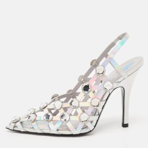 The Attico Silver Iridescent Leather Grid Slingback Pumps Size 37, Pumps - Luxury Closet catalog