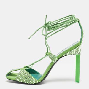 The Attico Neon Green Fabric and Suede Crystal Embellished Adele Sandals Size 40, Sandals - Luxury Closet