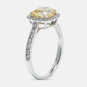 2.00 cts Yellow Cushion Cur and Round Lab Grown Diamond 18k White Gold Ring Size 51, Rings - Luxury Closet catalog