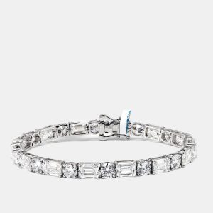 21.86 cts Round and Emerald Cut Lab Grown Diamonds 18k White Gold Tennis Bracelet, Bracelets - Luxury Closet