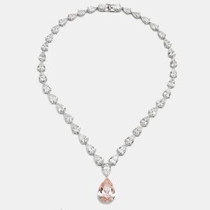 66.09 Cts Pink Pear 18K White Gold Lab Grown Diamonds Necklace, Necklaces - Luxury Closet catalog