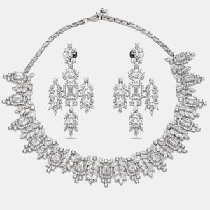 55.46 Cts Marquise Round Emerald 18K White Gold Lab Grown Diamonds Necklace Set, Necklaces - Luxury Closet catalog