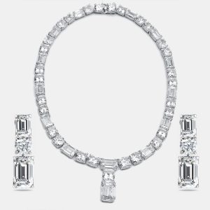 207 Cts Round Emerald 18K White Gold Lab Grown Diamonds Necklace Set, Necklaces - Luxury Closet catalog