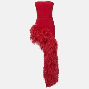The New Arrivals By Ilkyaz Ozel Red Crepe Fur Trim Giselle In Pedro Dress S, Dresses - Luxury Closet catalog