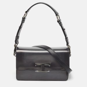 Tod's Dark Grey Leather Mini T Timeless Shoulder Bag, Shoulder Bags - Luxury Closet