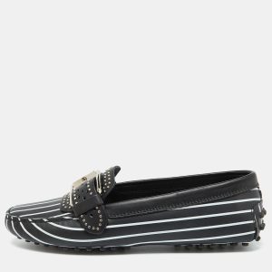 Tod's Black/White Striped Leather Embellished Slip On Loafers Size 37, Loafers & Slip-Ons - Luxury Closet