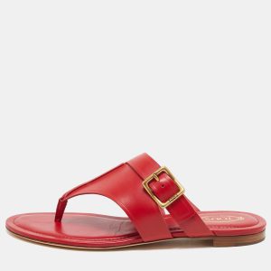 Tod's Red Leather Buckle Detail Thong Flats Size 38.5, Flats - Luxury Closet catalog