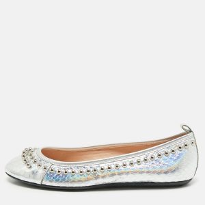 Tod's Silver Python Embossed Leather Studded Ballet Flats Size 35.5, Flats - Luxury Closet