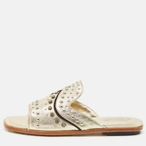 Tod's Gold Leather Studded Embellished Flat Slides Size 37.5, Flats - Luxury Closet