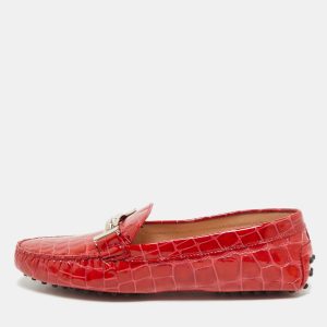 Tod's Red Croc Embossed Patent Leather Double T Loafers Size 41, Loafers & Slip-Ons - Luxury Closet