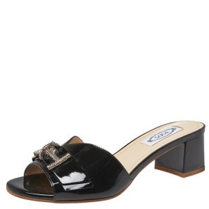 Tod's Black Patent Leather Double T Embellished Slide Sandals Size 36.5, Sandals - Luxury Closet
