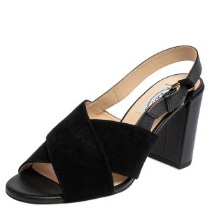 Tod's Black Suede and Leather Crisscross Block Heel Slingback Sandals Size 37.5, Sandals - Luxury Closet