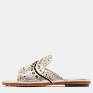 Tod's Metallic Gold Leather Studded Embellished Flat Slides Size 37.5, Flats - Luxury Closet