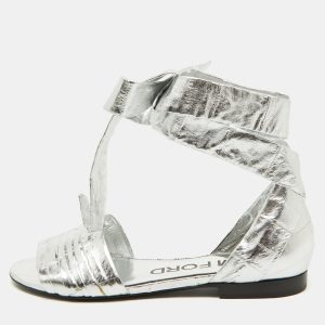 Tom Ford Silver Laminated Leather Ankle Wrap Flat Sandals Size 38, Sandals - Luxury Closet catalog