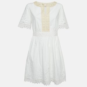 Tory Burch White Cotton Lace Trimmed Larissa Mini Dress S, Dresses - Luxury Closet