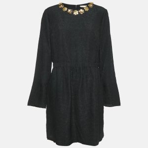Tory Burch Black Floral Embossed Silk Blend Embellished Short Dress XL, Dresses - Luxury Closet