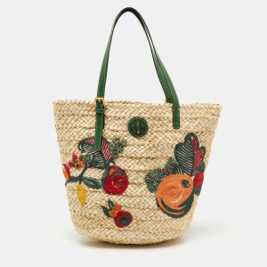 Tory Burch Beige/Green Woven Straw and Leather Embroidered Fruit Emerson Tote, Tote Handbags - Luxury Closet catalog