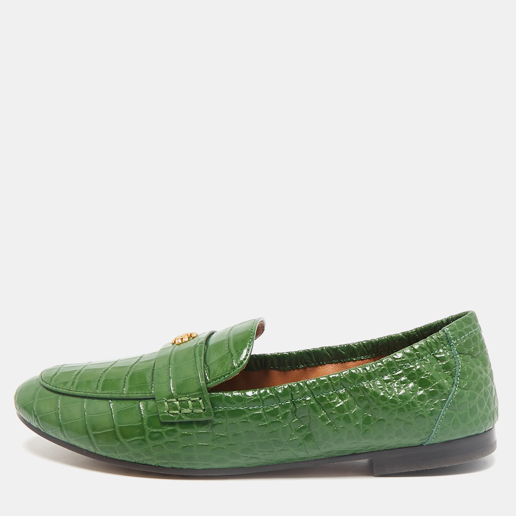 Tory Burch Green Croc Embossed Leather Slip On Loafers Size 39.5, Loafers & Slip-Ons - Luxury Closet catalog
