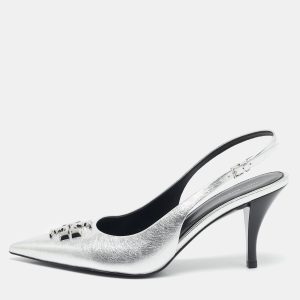 Tory Burch Silver Leather Eleanor Slingback Pumps Size 39, Pumps - Luxury Closet