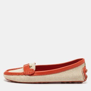 Tory Burch Beige/Orange Canvas and Leather Casey Loafers Size 35.5, Loafers & Slip-Ons - Luxury Closet catalog
