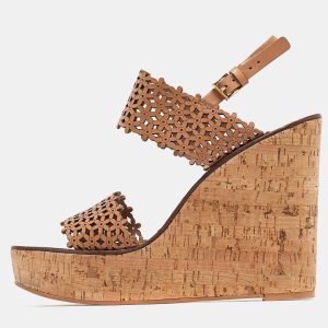Tory Burch Beige Perforated Leather Daisy Cork Wedge Sandals Size 41, Sandals - Luxury Closet catalog