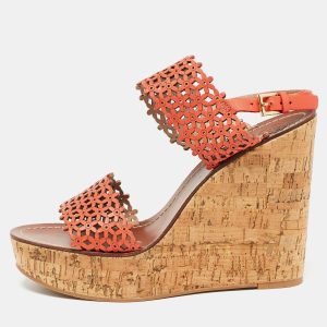 Tory Burch Orange Perforated Leather Daisy Cork Wedge Sandals Size 41.5, Sandals - Luxury Closet catalog