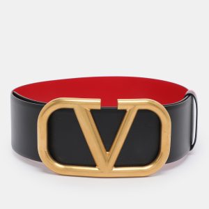 Valentino Black/Red Leather VLogo Wide Waist Belt 70CM, Belt Buckles - Luxury Closet