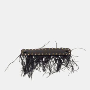 Valentino Black Leather And Ostrich Feather Rockstud Handle Strap, Luggage Accessories - Luxury Closet