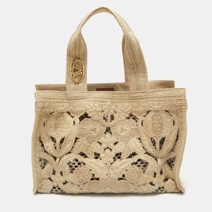 Valentino Beige Canvas and Raffia Medium Resort Flower Tote, Tote Handbags - Luxury Closet