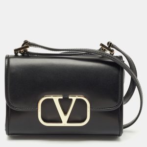 Valentino Black Leather VLogo Flap Crossbody Bag, Shoulder Bags - Luxury Closet