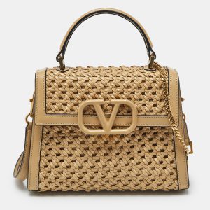 Valentino Beige Woven Leather Small VSling Top Handle Bag, Satchels - Luxury Closet catalog