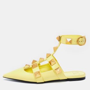 Valentino Lime Yellow Roman Stud Ankle Cuff Flats Size 38, Flats - Luxury Closet