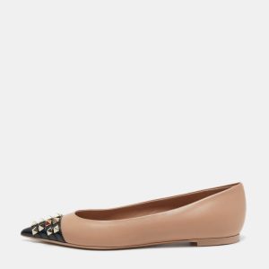 Valentino Beige/Black Leather Rockstud Ballet Flats Size 37.5, Flats - Luxury Closet