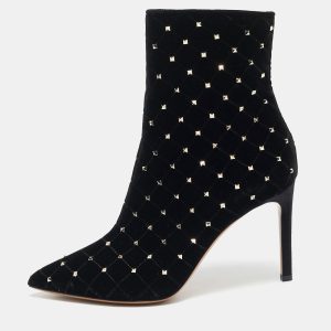 Valentino Black Quilted Velvet Rockstud Pointed Toe Ankle Length Boots Size 37, Boots - Luxury Closet catalog