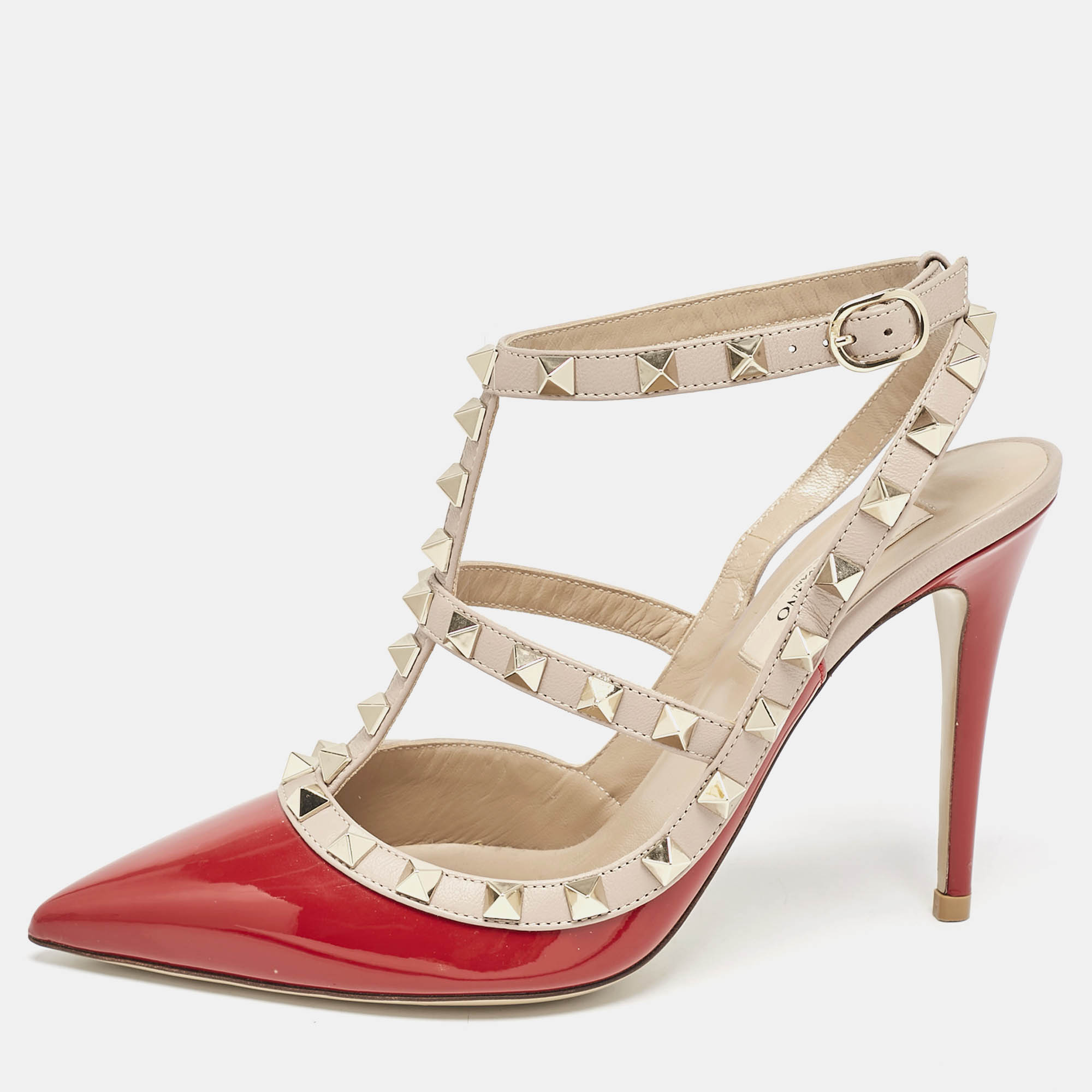 Valentino Red/Beige Patent Leather Rockstud Caged Ankle Strap Pumps Size 37, Pumps - Luxury Closet catalog