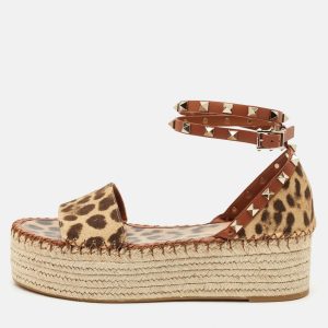 Valentino Beige Leopard Print Canvas Rockstud Espadrille Platform Sandals Size 39, Sandals - Luxury Closet